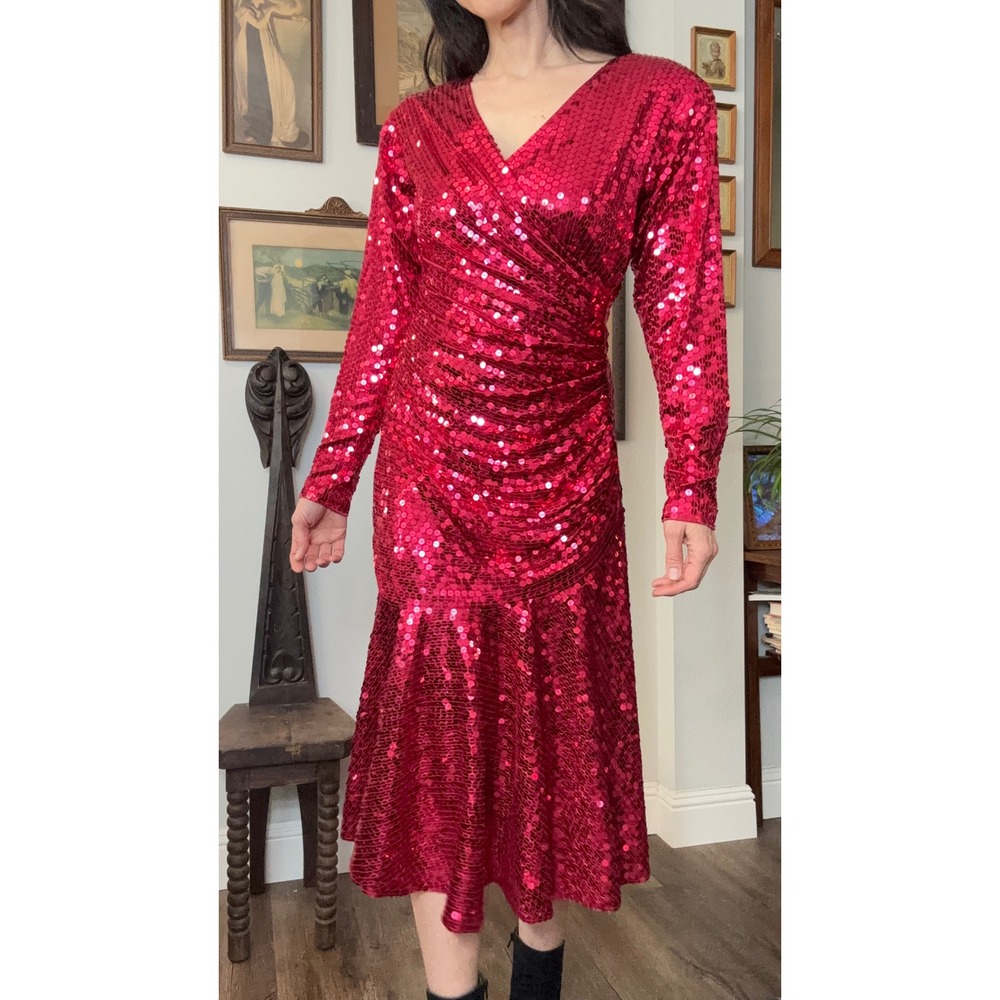 Vintage 80s 90s Bullocks Wilshire Red Sequin Ruched Midi Cocktail Dress